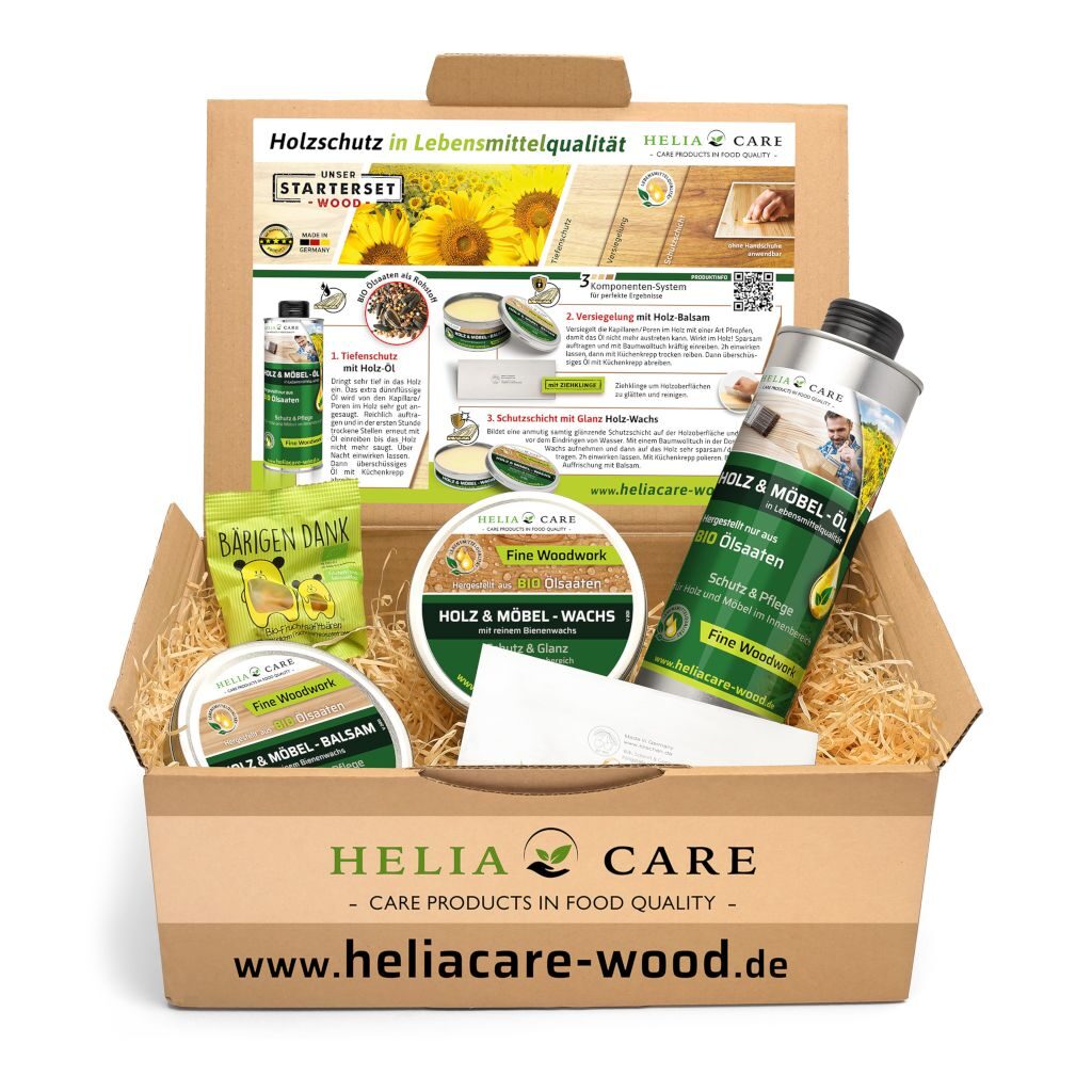 HeliaCARE Fine Woodwork Starterset mit Öl, Balsam, Wachs und Ziehklinge