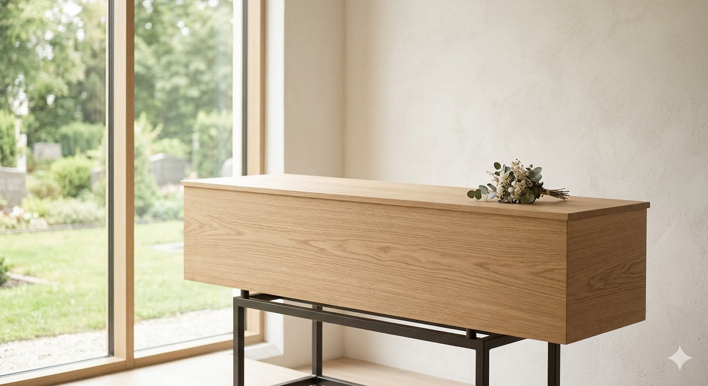 Sarg aus naturreinem Holz in lichtem Raum