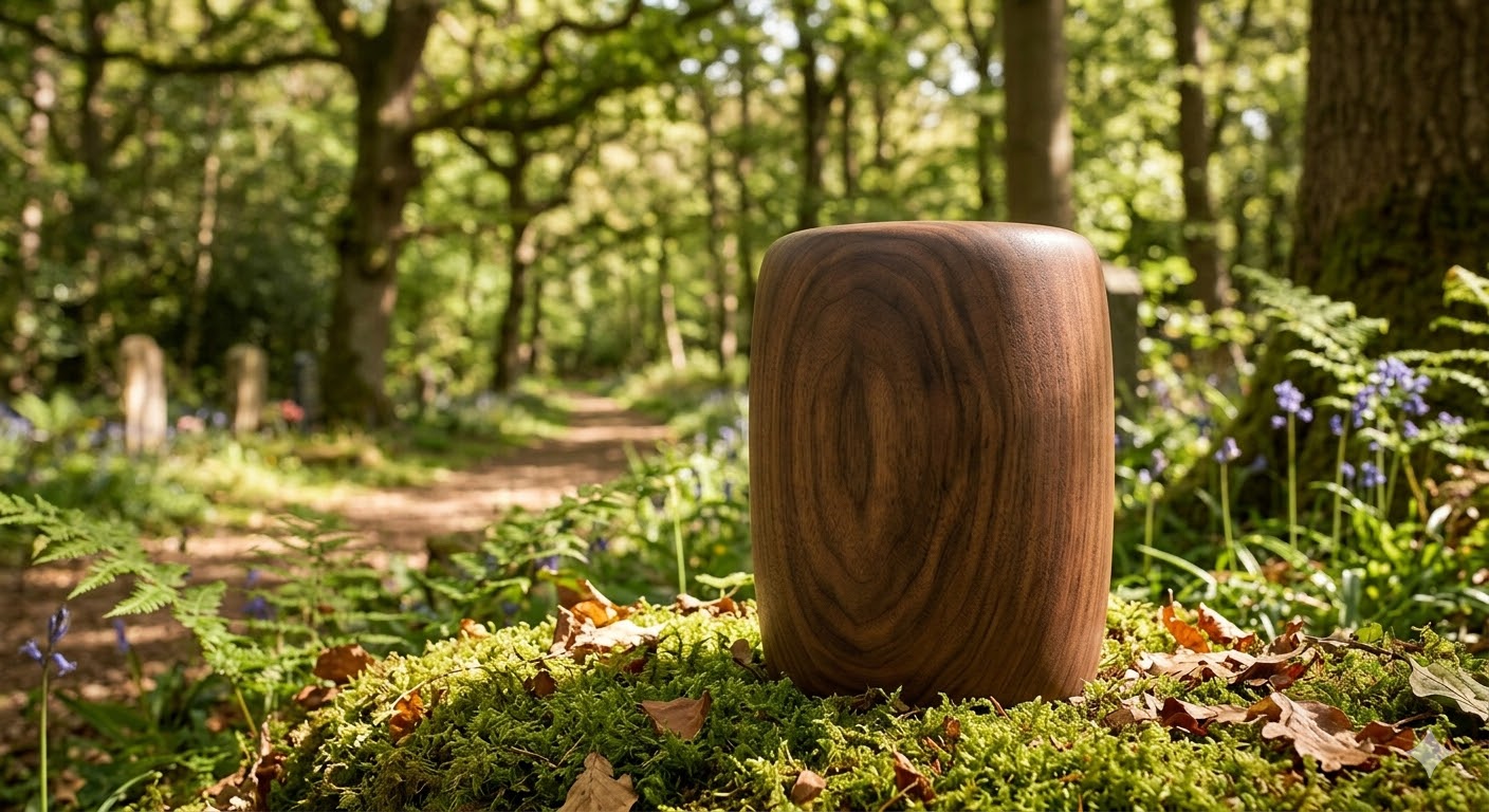 Holzurne auf Waldboden